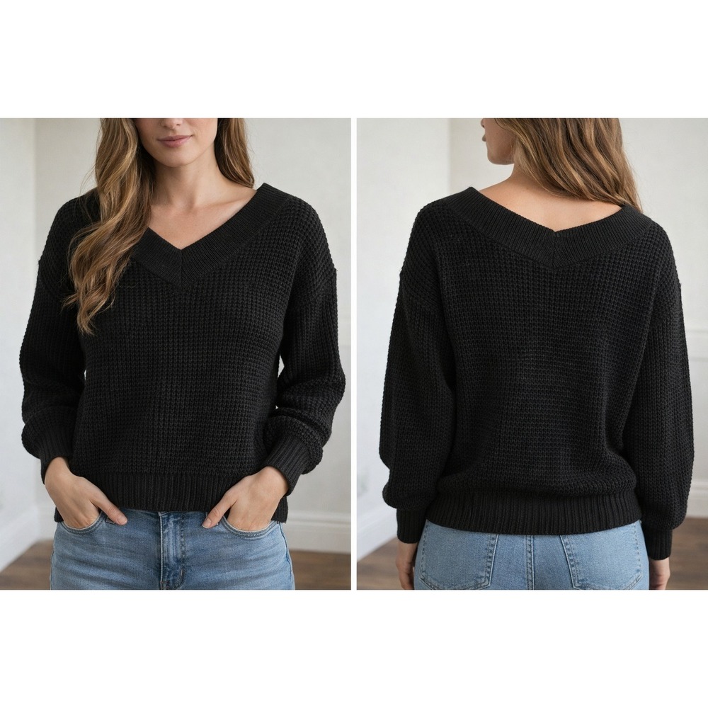 Zenana Womens Black Waffle Knit V-Neck Balloon Sleeve Sweater Siz M granola cozy